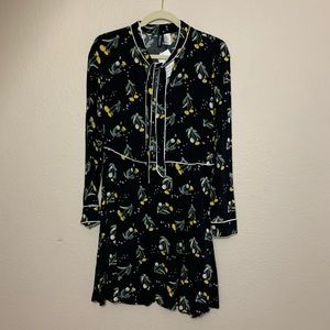 Floral Dandelion Dress Pussy Bow Tie Neck